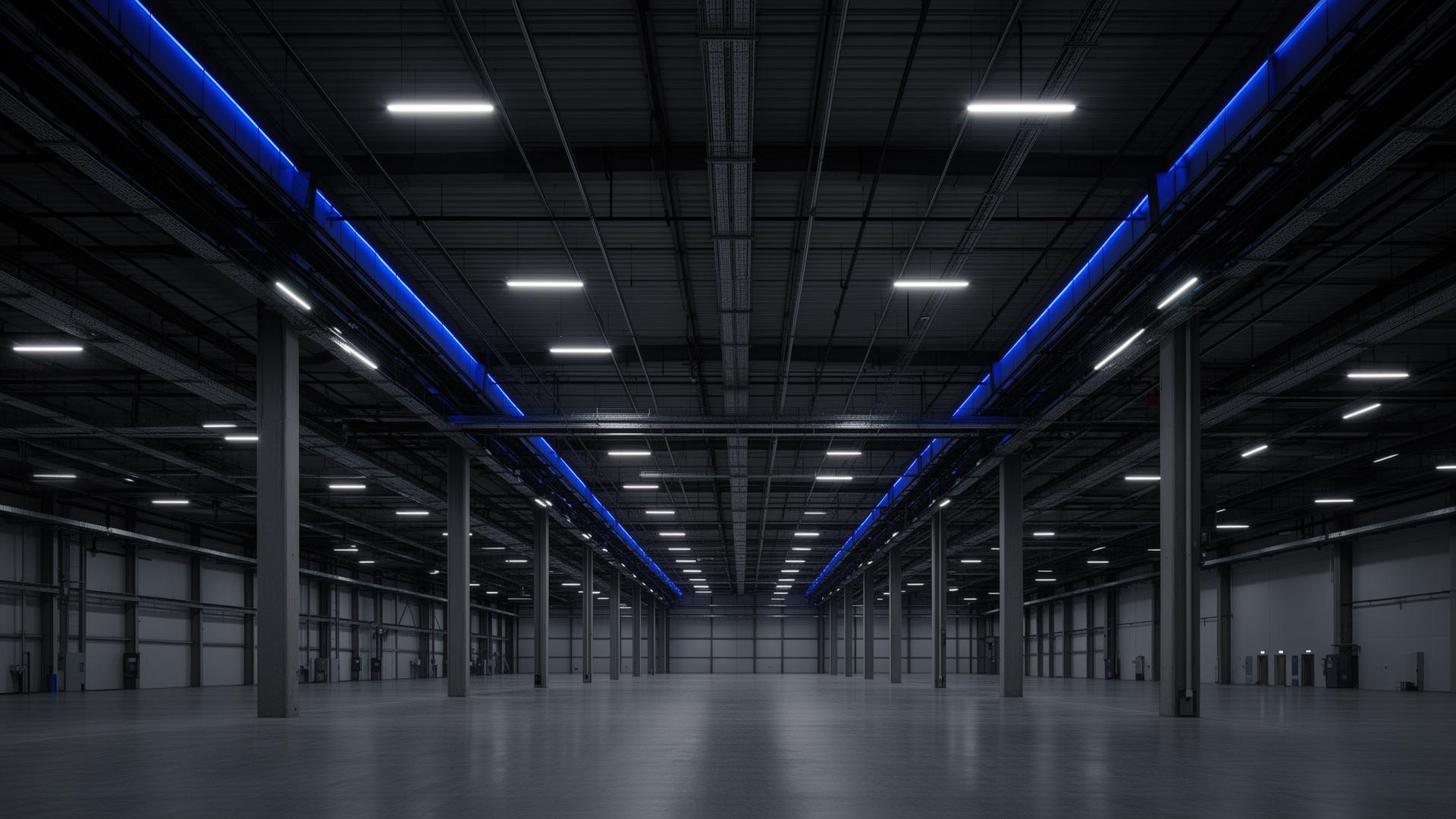 Modern industrial warehouse with electric blue lighting